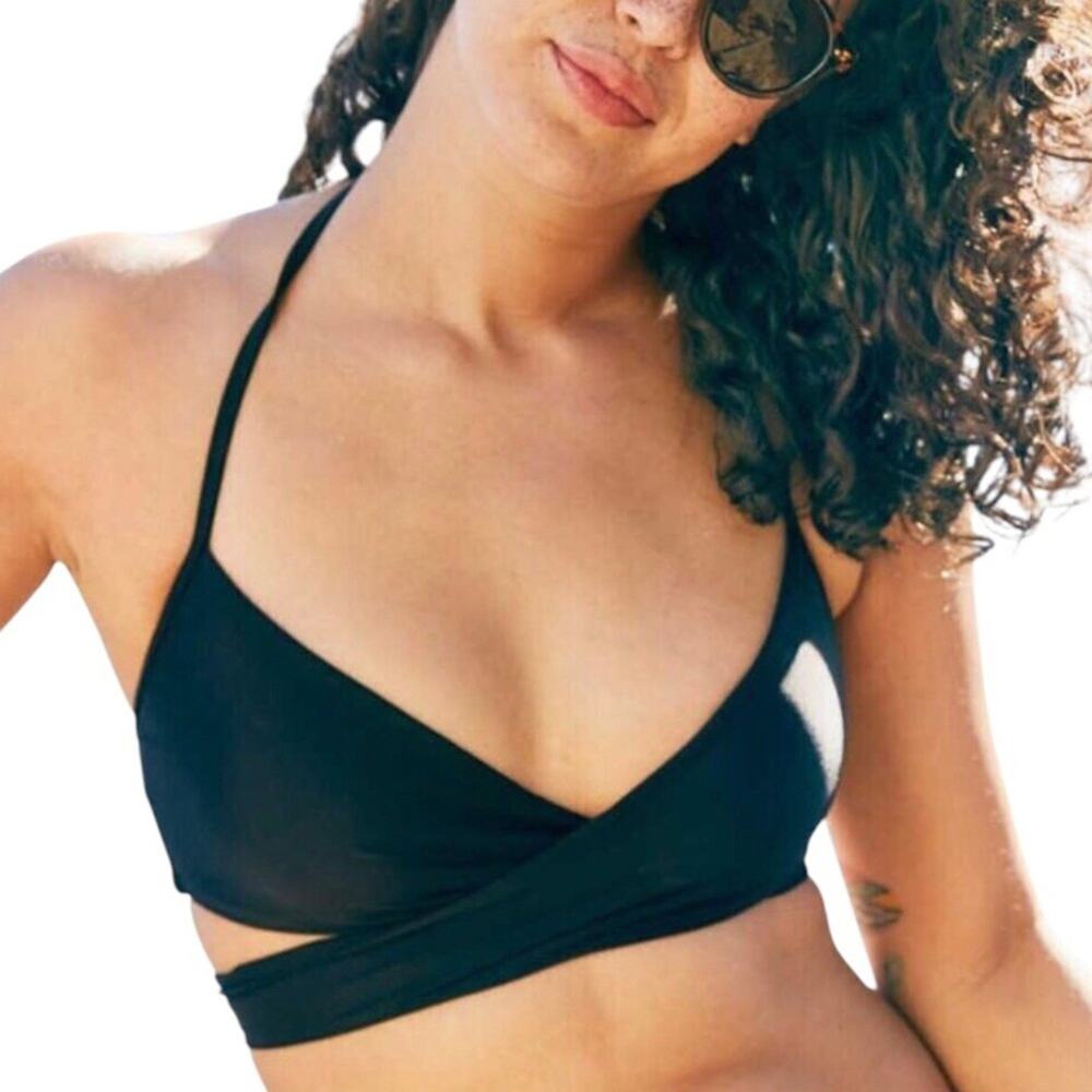 Aerie NWT Wrap Around Criss Cross Halter Bikini Top Black Small Swim Top